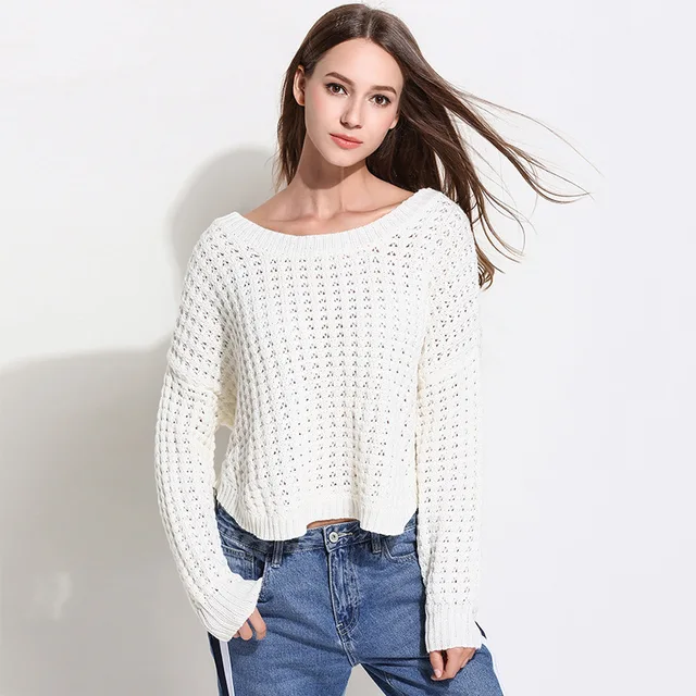 Womens Short Front long Back Knitted Sweaters Perforated Striped Loose