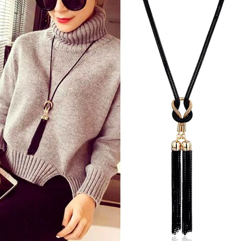 Koop LNRRABC Trendy Graceful Exquisite Zwart Vrouwen Lady Meisje Trui Ketting Tassel Hanger Lange Touw Ketting Bruiloft Charm Collier