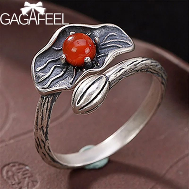 

GAGAFEEL Vintage 925 Sterling Silver Lotus Flower Ring with Natural Stone Jewelry for Women Female Rings Gifts
