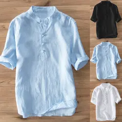 2019 однотонные рубашки с коротким рукавом модные мужские рубашки 100% хлопок, воротник-стойка рубашки платье рубашка Camisa Hombre одежда