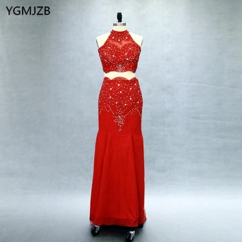 

Open Back Two piece Prom dress 2018 High Neck Lace Beaded Floor Length Red Meimaid Red Long Evening Party Dresses