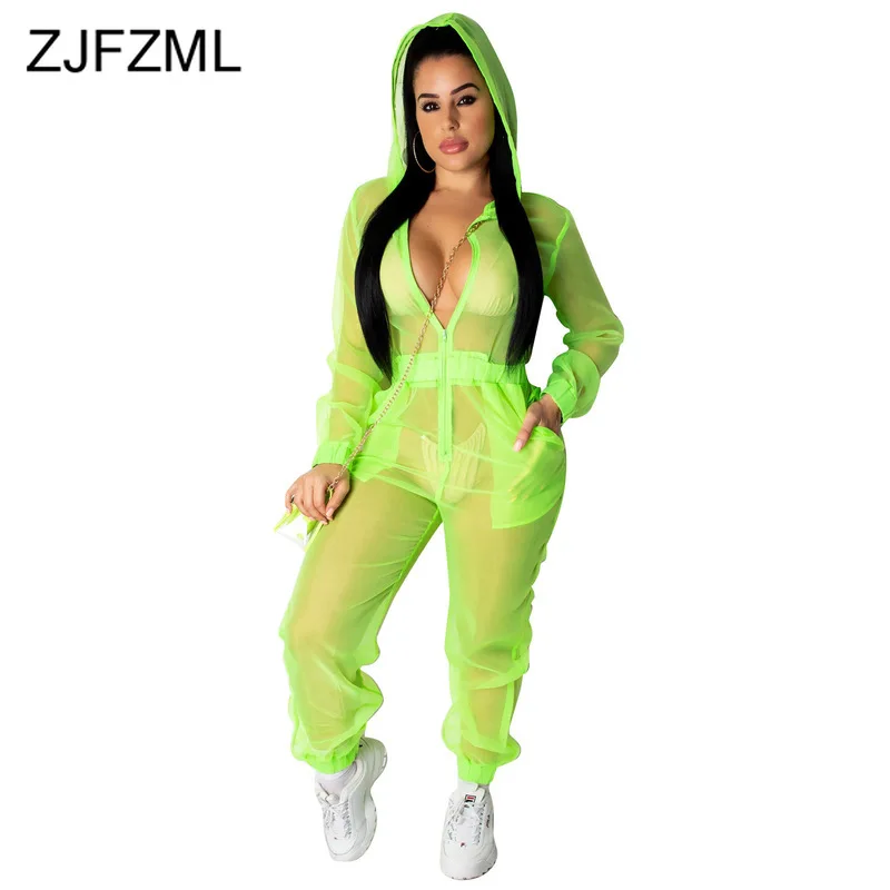 

Plus Size Summer Rompers Womens Jumpsuit Neon Green Full Sleeve Hooded Long Overalls Streetwear Mesh Perspective Beach Bodysuit