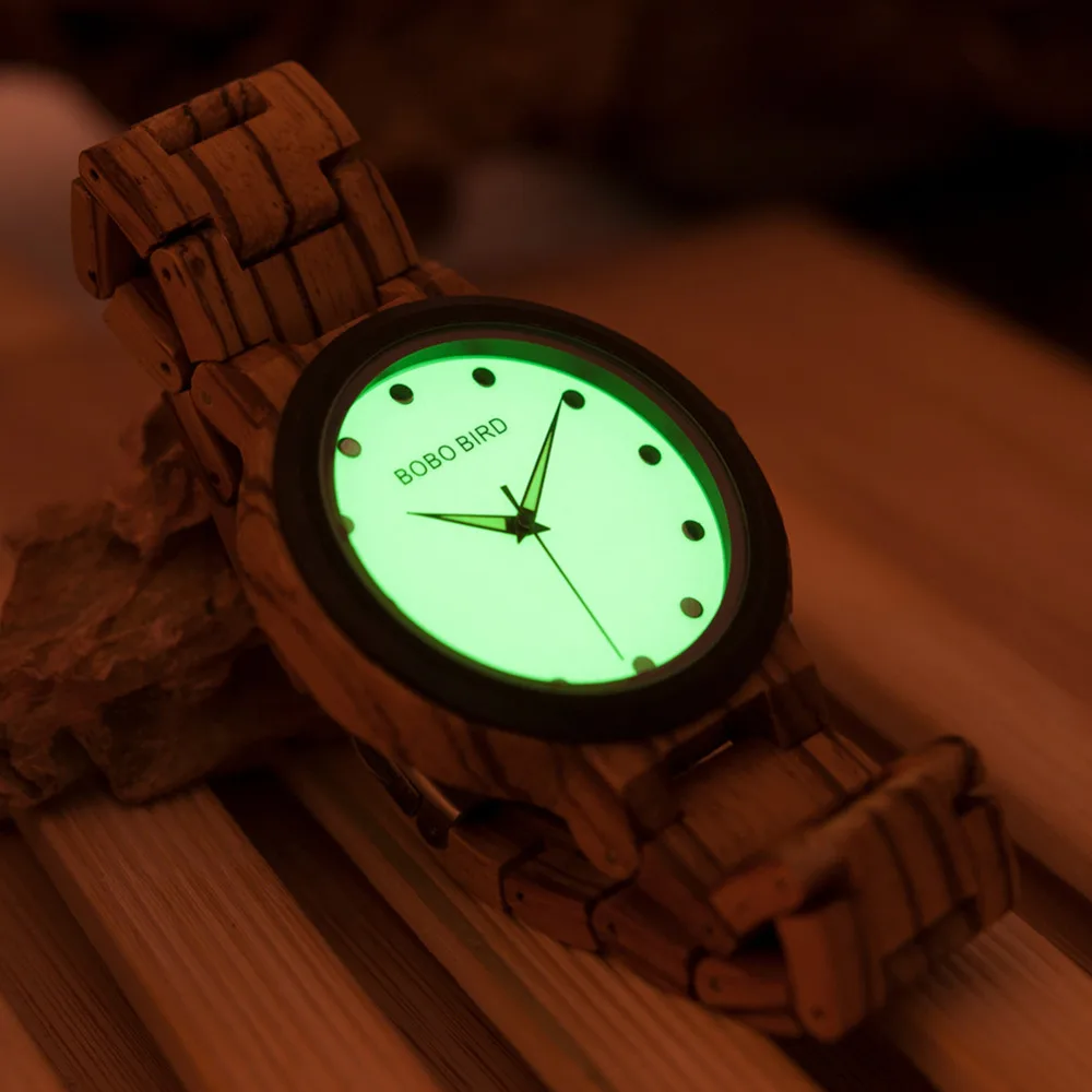 BOBO BIRD L-P04 Luminous Dial Face Men Cool Wooden Watches with Zebra Ebony Wood Strap Drop Shipping Relogio Masculino
