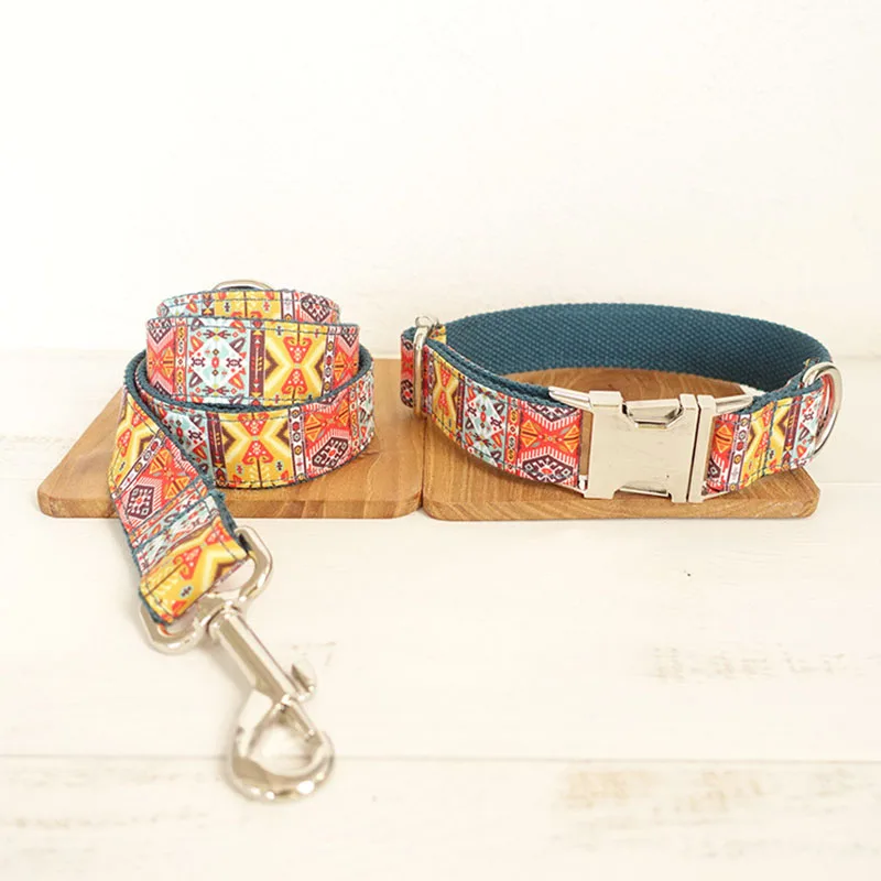 

Handmade Unique Dog Collar Leash Boho Print Pet Products for Dogs Leads Dog-Collar Pet Accessories Ethnic Style Collar Leash Set