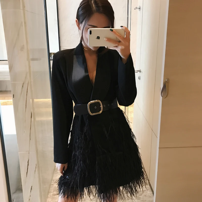 

2019 New Spring Black Jacket Stitching Fur Hem Long Sleeve Turn-down Collar Tie Waist Women Vintage Coat Tide FF851