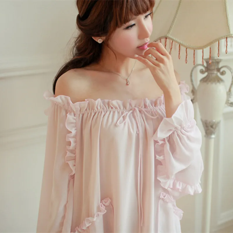 

Korean style high quality chiffon nightdress beautiful goddess long slash neck collar flounced dress night tracksuit w1009