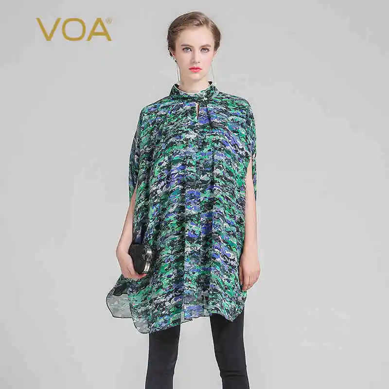 VOA 2018 봄 여름 새로운 녹색 플러스 사이즈 인쇄 블라우스 캐주얼 여성 실크 셔츠 만다린 칼라 구슬 헤지 탑 BLJ00101