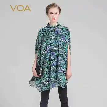 

VOA 2020 Spring Summer New Green Plus Size Print Blouse Casual Women Silk Shirt Mandarin Collar Beading Hedging Tops BLJ00101