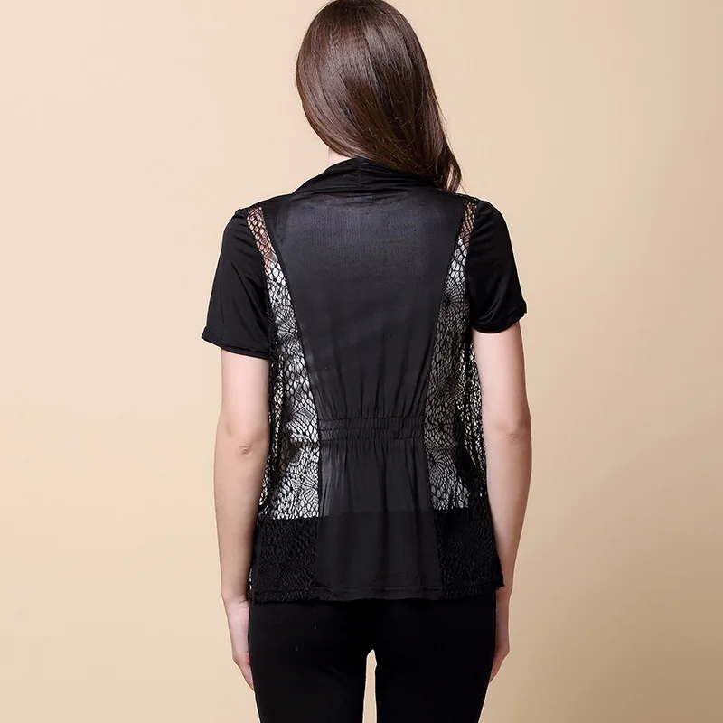 Женское Настоящее шелковое пальто, необычное тонкое вязанное крючком блуза с коротким рукавом, блуза с разрезом 1702 - Цвет: Черный