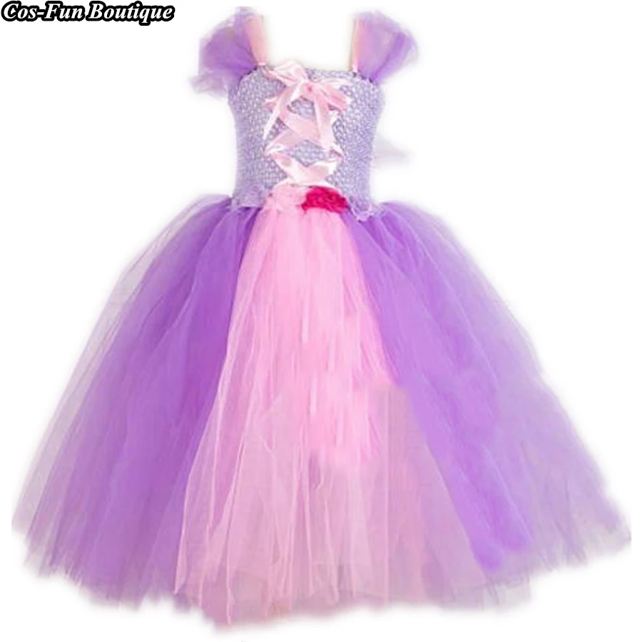 

New Tangled Rapunzel Inspired Girl Tutu Dress Full Length Handmade Birthday Party Princess Fancy Dress With Flowers On Waist