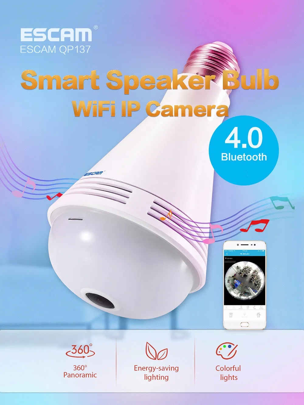 ESCAM QP137 WiFi ip-камера 360 градусов панорамный светодиодный лампочка Bluetooth Музыка 2MP камера безопасности