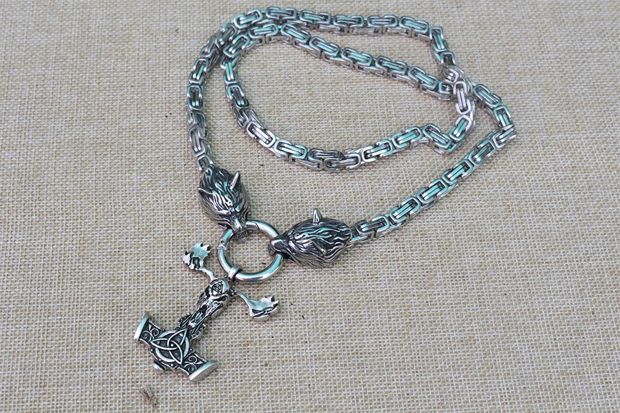 Men stainless steel necklace viking wolf head with thor's Skull goat hammer mjolnir pendant norse talisman ethnic jewelry