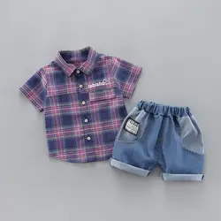 Комплект летней одежды для маленьких мальчиков, модная клетчатая рубашка + шорты для новорожденных, комплект из 2 предметов, повседневный