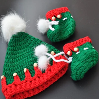 

Dollbling Handmade Designed Crochet Winter Chic First Christmas Tree Hat and Booties set Santa Green,0-1Year Baby First walker