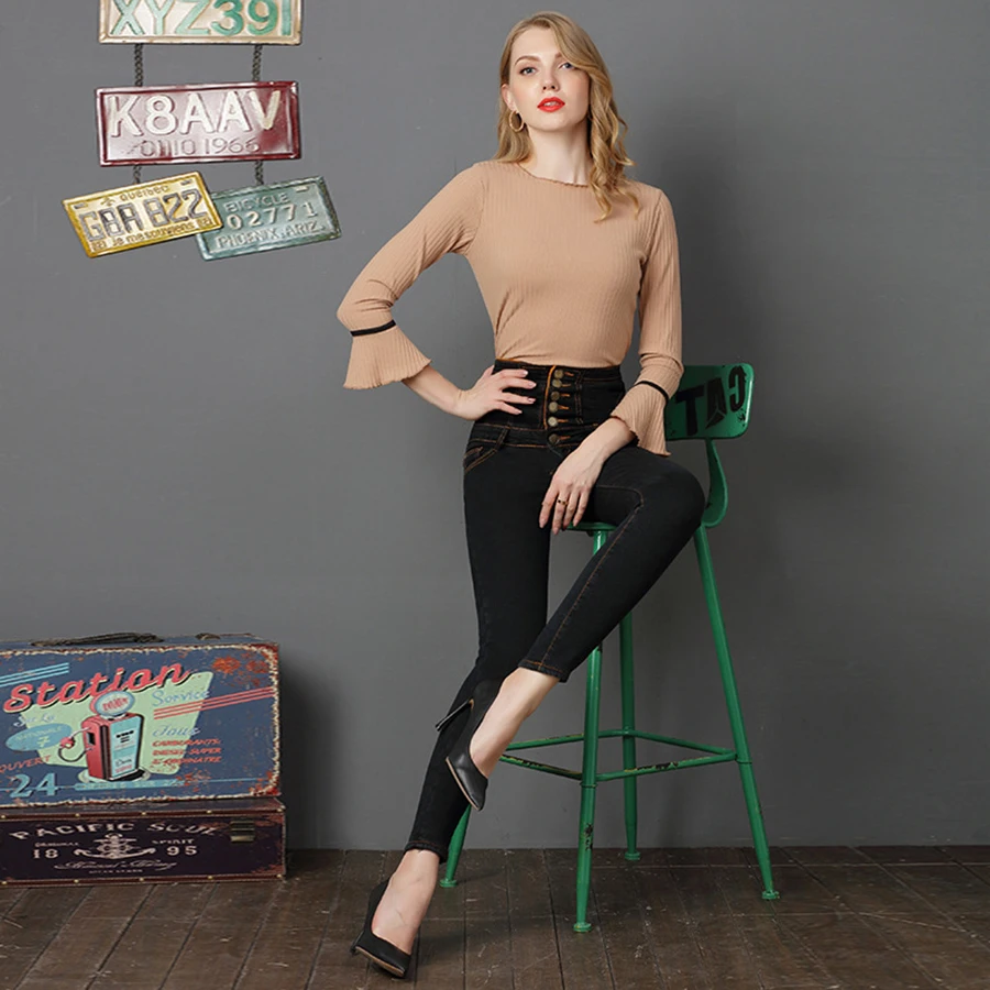 Winter Women Warm Jeans with Thicken Fleece Velvet Denim High Waist front Button back Strap Design Pencil Pants Plus Size S-6XL (30)