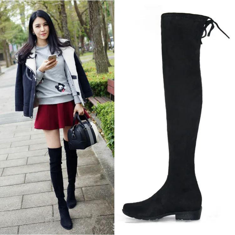 

New Women Boots Stretch Over Knee Winter Boots With Fur Black Thigh High Boots Shoes Woman Big Size Round Toe Winter Boots Black