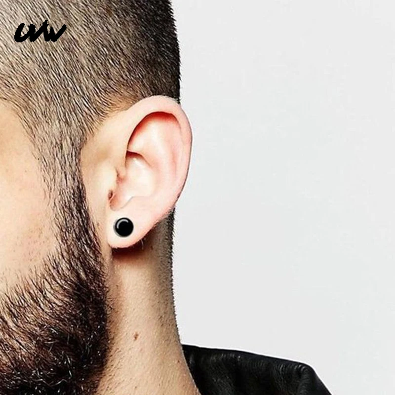 

UVW115 2pcs Unisex Trendy Silver Black Gold Barbell Ear Stud Earrings Fake Ear Plug Tunnels Piercing Earrings Pendientes Brincos