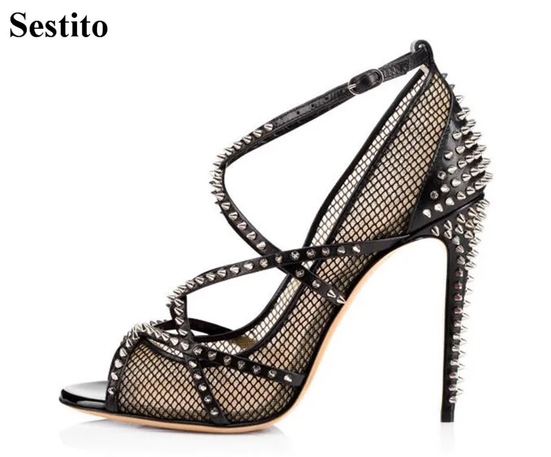 

Sexy Rivet Black Mesh Peep Toe High Heels Party Pumps Women Super High Thin Heels Cross-tied Buckle Strap Ladies Shoes Summer