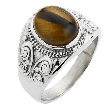 Valily Jewelry Simple Oval Tiger eye Silver Ring For Men Stainless Steel Trendy Red CZ Gold Wedding band Rings Women Jewelry