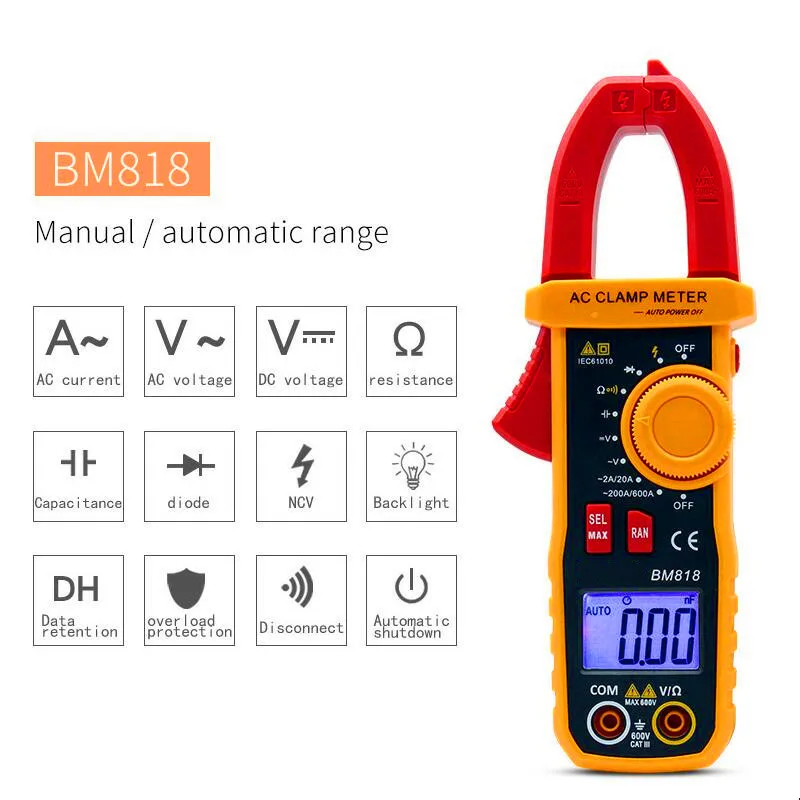 BM818 BM819 цифровой мультиметр Амперметр ACV/DCV/ACA Автоматический диапазон измерения большой емкости NCV цифровой клещи - Цвет: BM818