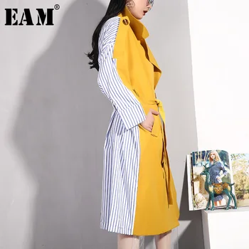 

[EAM] 2020 New Spring Summer Lapel Long Sleeve Yellow Hit Color Back Striped Stitch Windbreaker Women Trench Fashion Tide BD22