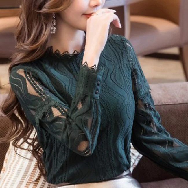 Открытая Кружевная блуза с рукавами женская рубашка пуловер с воротником средней длины Корейская тонкая женская рубашка OL рубашка с длинным рукавом размера плюс