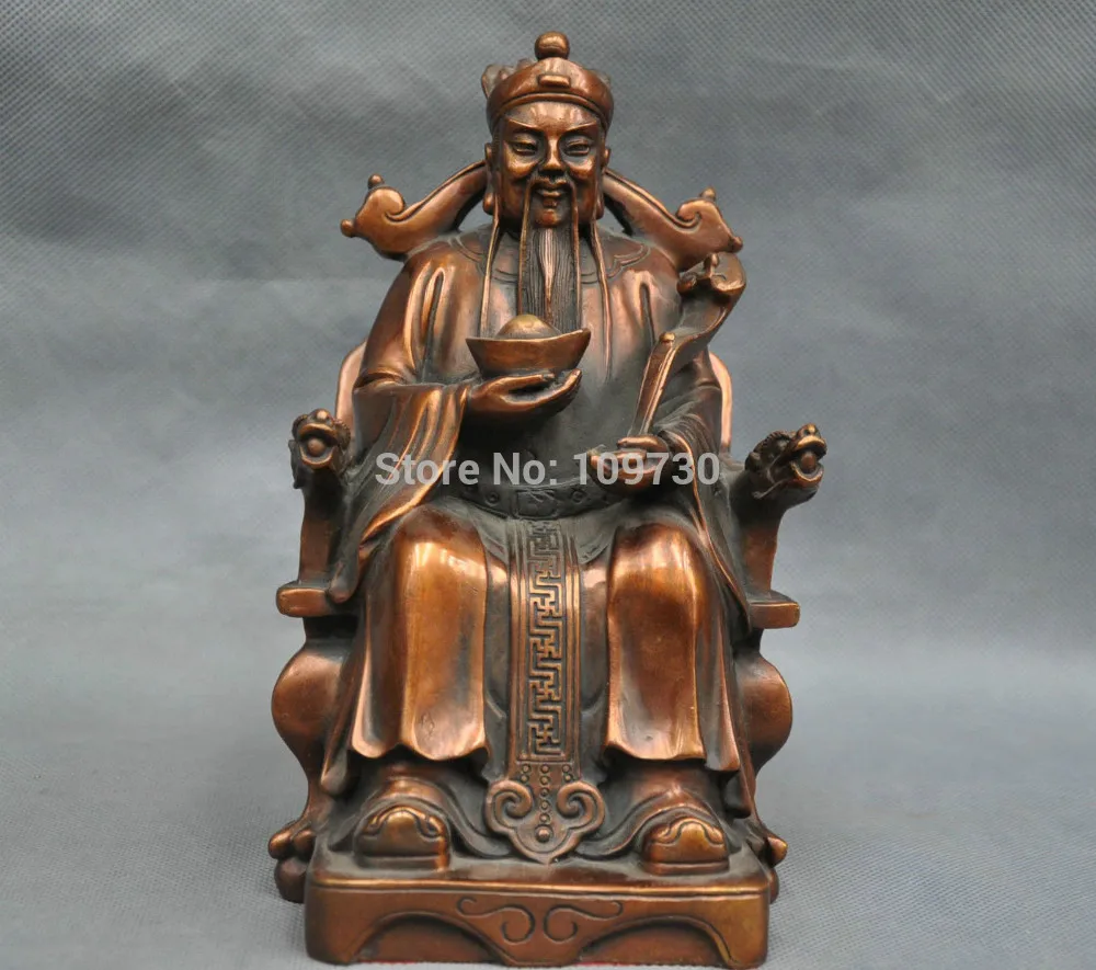 

002228 8'' China Folk God Of Wealth Mammon Sit Chair Bronze Statue