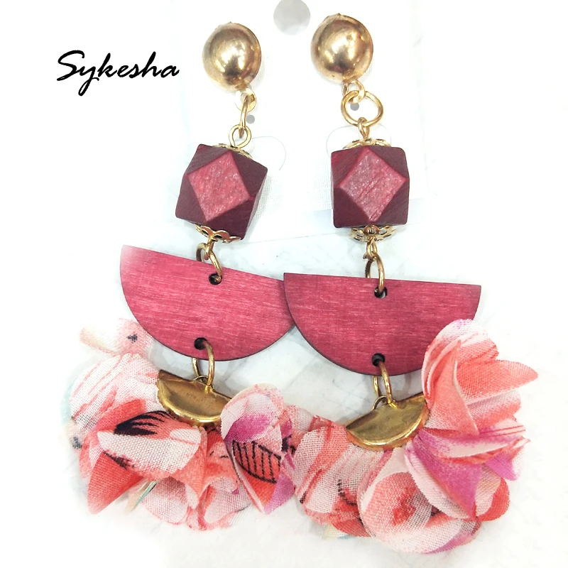 

2019 Hot New Handmade Round Wood Beads Fabric Flower Stud Earrings Women Summer Floral Party Wedding Jewellry Accessories