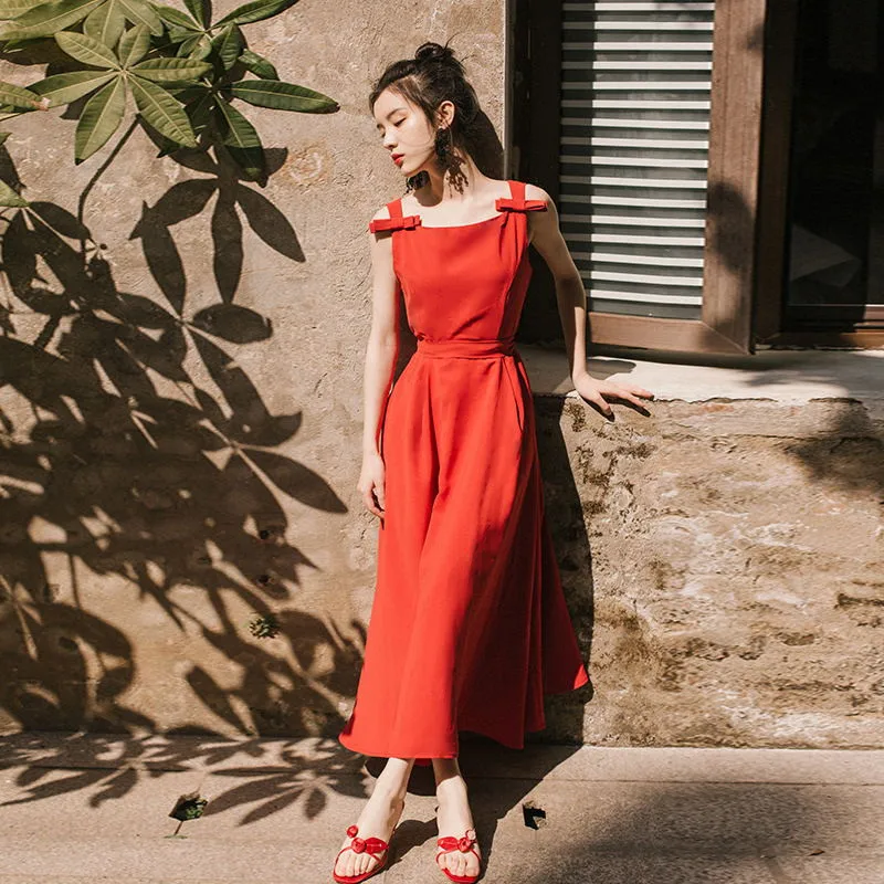 

2019 new fashion women's dresses Vintage sleeveless suspender dress seaside holiday long summer