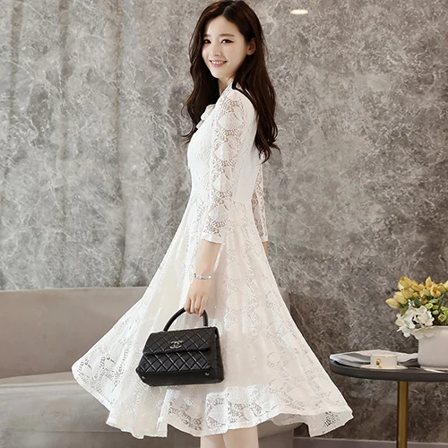 Осень зима нового размера плюс винтажное кружевное черное платье миди женское облегающее розовое пляжное платье вечерние платья белого цвета с длинным рукавом vestidos - Цвет: Белый