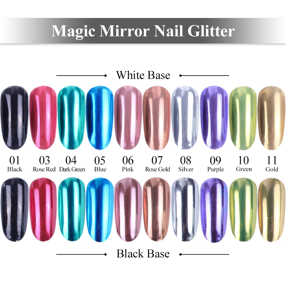0.3g/زجاجة بودرة لامعة للأظافر مرآة سحريّة يلمع الكروم الصباغ الغبار الأسود الفضة رقائق مانيكير مسمار الفن زينة TR916