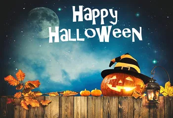 

Happy Halloween Full Moon Pumpkin Light Autumn Leaves wood background Vinyl cloth Computer print party photo backdrop