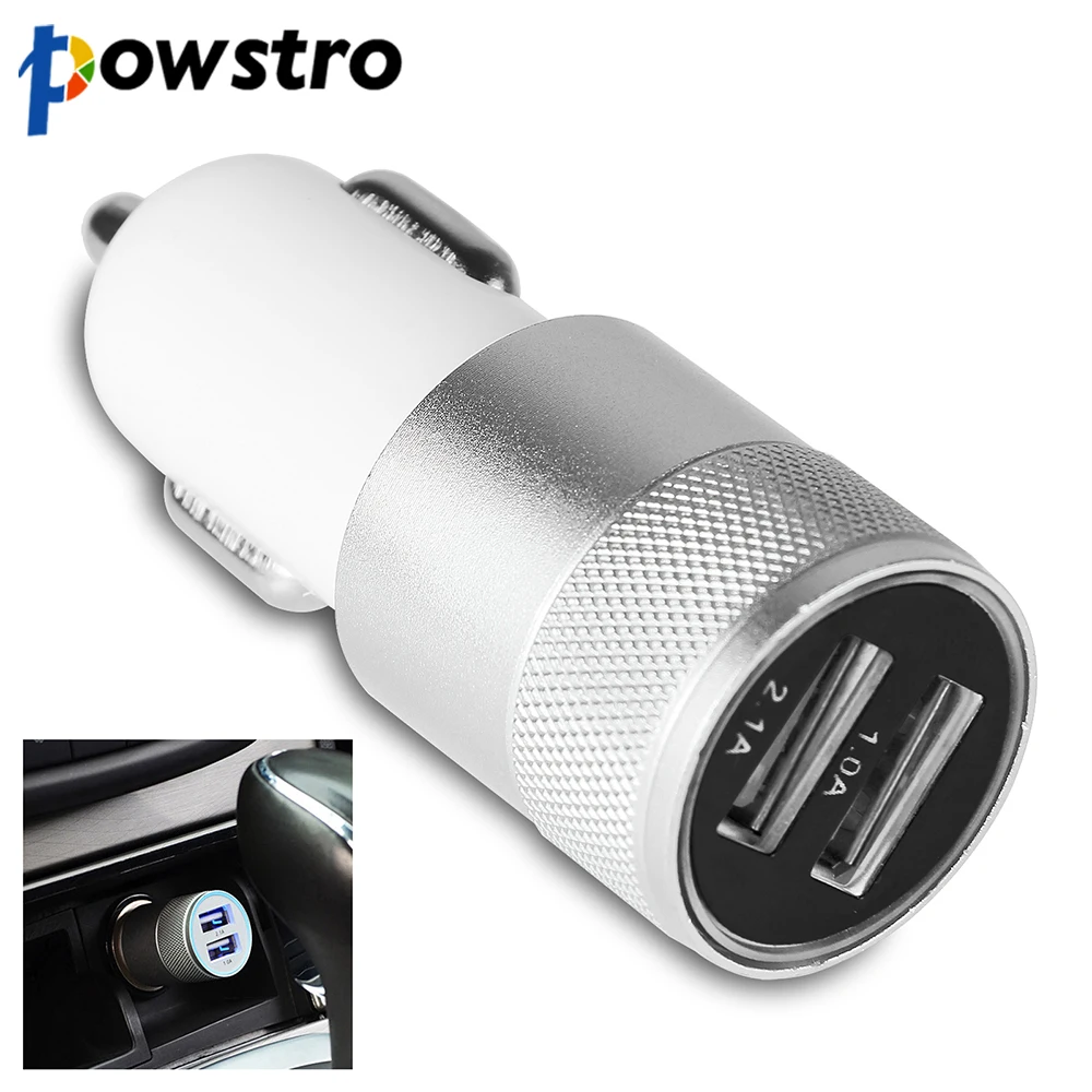 Powstro Aluminum 2 USB Ports Car Charger 2.1A 1.0A Micro Dual USB Car