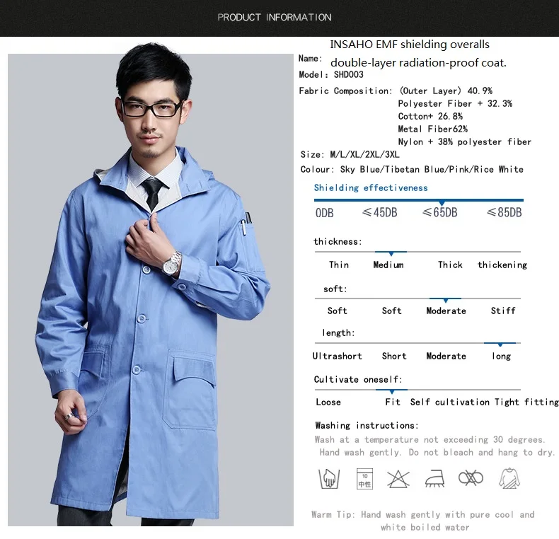 INSAHO electromagnetic radiation protective overalls with double layer,EMF shielding men lab coat,metal fiber material,SHD003. genuine electromagnetic radiation protective overcoat monitoring room and computer room emf shielding anti radiation coat