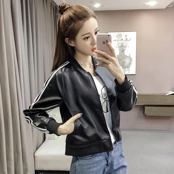 

2019 fashionable joker stripe long sleeves loose show thin PU leather baseball uniform brief paragraph coat