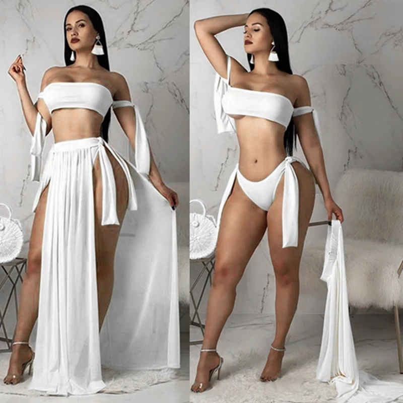 

3 Pieces Bikini Set + Beach Cover Up Skirt 2019 Women Swimwear Brazilian Sexy Strappy Bikini Biquini Swimsuit Women Bathing Suit
