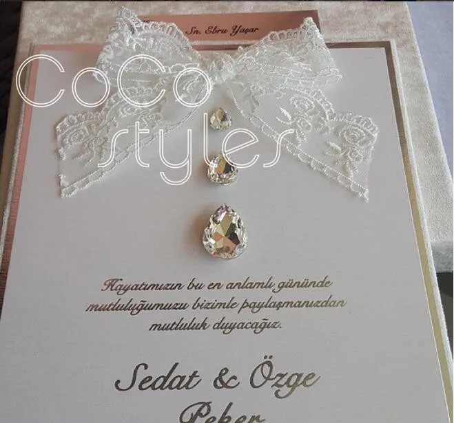  Cocostyles custom luxury velvet foiling boxed invitation card with crystal and ribbon or lace bows  - 32865029973