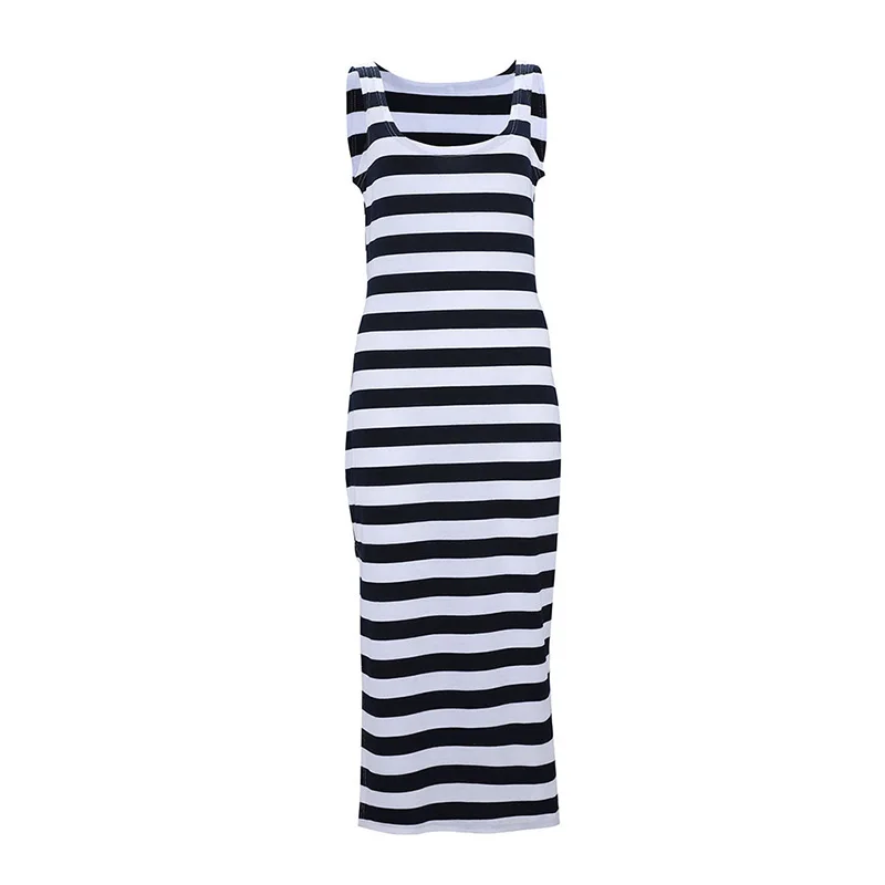 Женское платье с разрезом по бокам, в полоску, облегающее, длиной до колена, с круглым вырезом, без рукавов, облегающее, повседневное, летнее платье SJ2617R