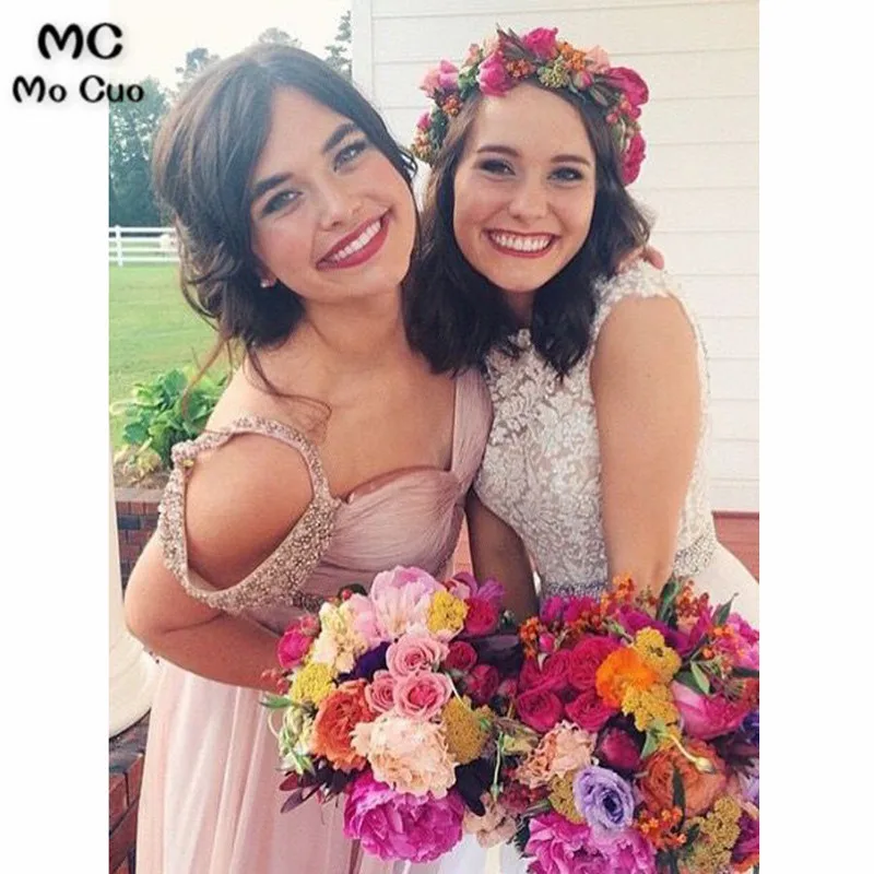 A-Line V-Neck Floor-Length Blush Chiffon Prom Bridesmaid Dress with Beading34