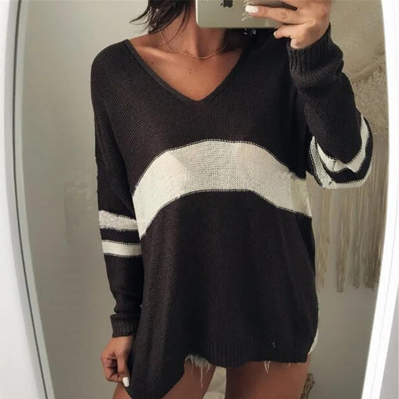 Autumn and Winter Sweater Women Long-sleeved Loose Pullover Sweater Female Stitching V-neck Sexy Sweater Striped Print Pullover Sweaters