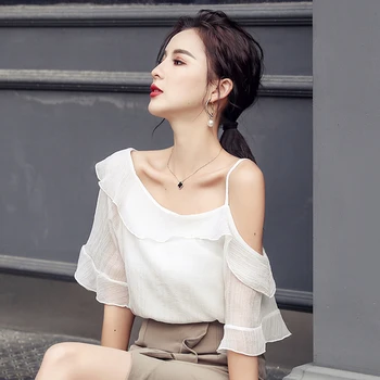 

Office Lady Chiffon Camisa Feminina Ruffles Slash Neck Summer Tops For Women Sexy Off Shoulder Blusas Feminina