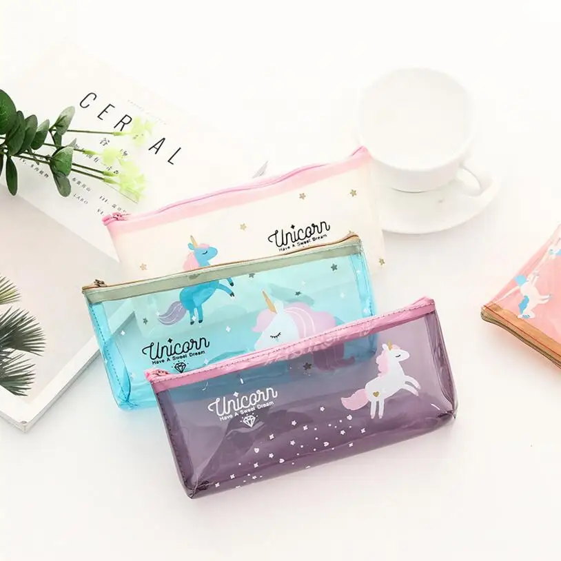

JUKUAI Creative Unicorn Transparent PVC Lnverted Trapezoid Pencil Case Student Learning Pen Box Escolar School Supplies 8100