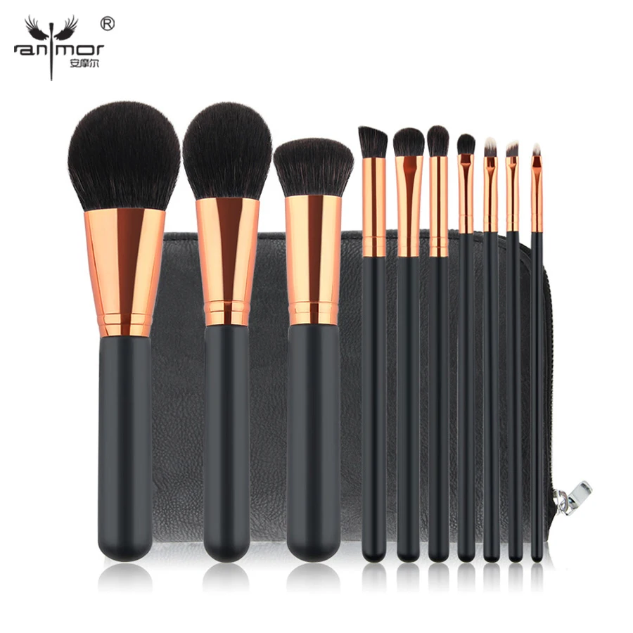 

Anmor 10 PCS Professional Makeup Brushes Set Rose Gold Black Make Up Tools Kit with Dark Brown Bag High Quality GD001