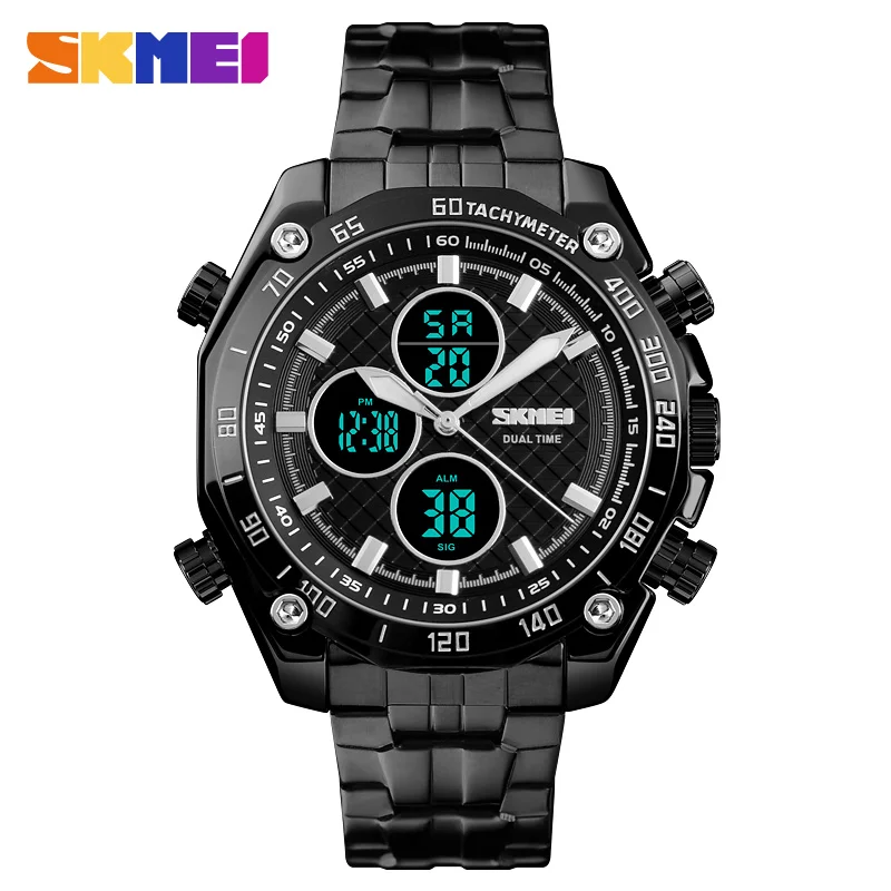 SKMEI спортивные часы для мужчин Золотой Лидирующий бренд Роскошные военные Стальные кварцевые наручные часы Мужские часы модные наручные часы с хронографом - Цвет: Black Black