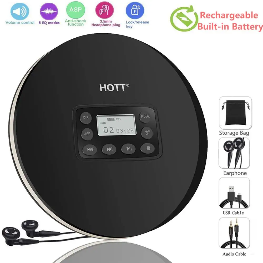 Портативный мини-cd-проигрыватель HOTT, перезаряжаемый встроенный аккумулятор, персональный компактный проигрыватель дисков с ЖК-дисплеем, ф... Портативный мини-cd-проигрыватель HOTT, перезаряжаемый встроенный аккумулятор, персональный компактный проигрыватель дисков с ЖК-дисплеем, ф...