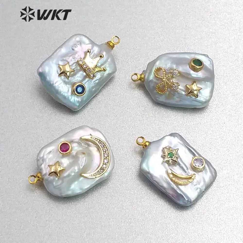

WT-MP136 Natural Freshwater Pearl&CZ Pave Pendant Square Shape With Gem stone pave Star Crescent Crown Bow Charm Pendant