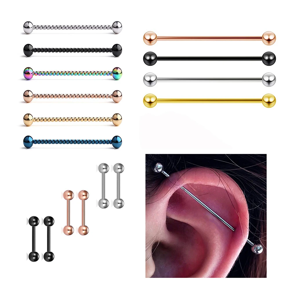 

Matewei 16Pcs/lot Industrial Piercing Ear Cartilage Plug Stainless Steel Tunnel Jewelry Earring Straight Ear Barbell Jewelry