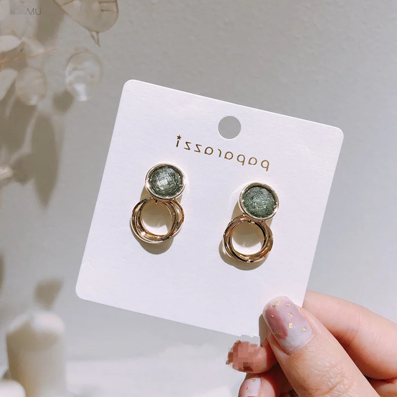 

AOMU New Temperament Golden Metal Crystal Green Geometric Circle Hollow Boucle Dangle Drop Earrings for Women Girl Party Jewelry