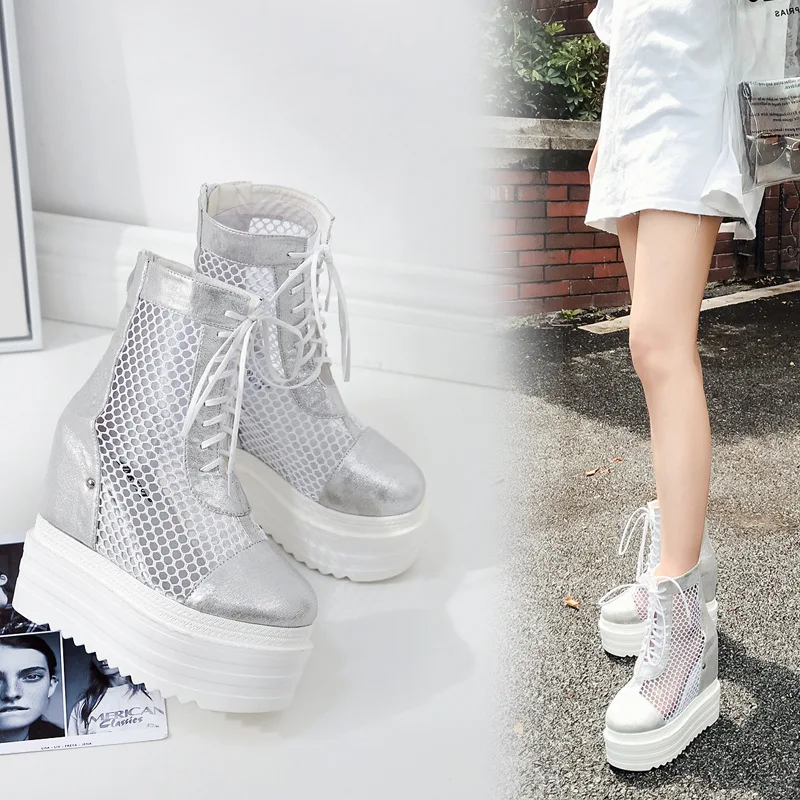 Neue Kühlen Hochhackigen Poadisfoo aufstieg High Dicken Sommer Jxq 2018 Mesh Muffin Sandalen Stiefel 31 silber Schwarzes Sohlen Schnürung 803 7rXwqXEIx