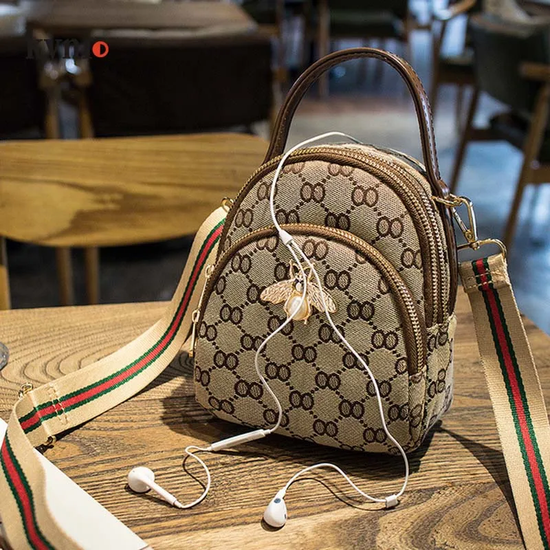 

KVNIO 2019 Bee Decoration Handbag Female Mini Shoulder Bag PU Canvas Crossbody Bags For Women 3 Zippers Vintage Clutch Bag